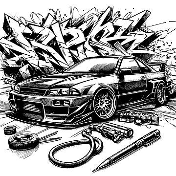 an ink drawing of a car with graffiti on the wall behind it and tools nearby