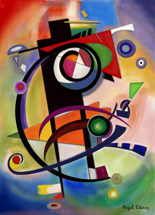 an abstract painting with many colors and shapes