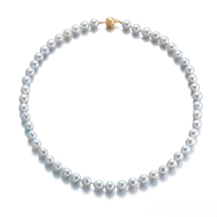 Simple statements of elegance, pearls have been a mainstay in Gump's fine jewelry assortment for decades. Revered for their alluring luster and classic beauty, they are widely recognized as symbols of purity, integrity and wisdom gained through experience. To create this necklace, each pearl is carefully selected for quality, color and shape. Blue Akoya cultured pearls, 7.5mm. Diamonds, 0.04ctw. Brushed 18-karat yellow gold. Hand-knotted on fine silk thread. 17"L. Akoya Pearl Necklace, Pearl Necklace Designs, Necklace Craft, Akoya Pearls, Pearl Types, Pearl Pendant Necklace, Pearl Gemstone, Diamond Fashion, Silk Thread