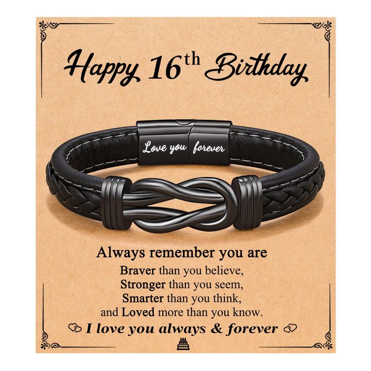 a black leather bracelet with the words happy 16th birthday on it and an engraved message