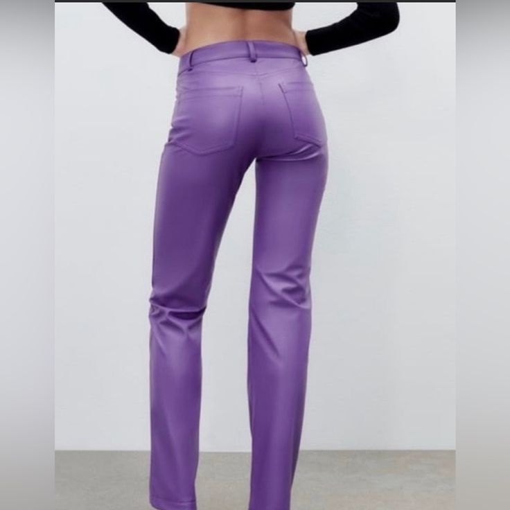 Zara Purple Faux Leather Pants Sleek Wide Leg Leather Pants For Spring, Chic Faux Leather Straight Leg Pants, Spring Faux Leather Wide Leg Bottoms, Spring Wide Leg Faux Leather Bottoms, Trendy Faux Leather Straight Leg Pants, Chic Faux Leather Straight Leg Bottoms, Full-length Leather Bottoms For Spring, Trendy Fitted Faux Leather Jeans, Full Length Leather Bottoms For Spring