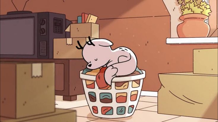 a cartoon character sitting in a laundry basket with his head inside the trash can and looking at something