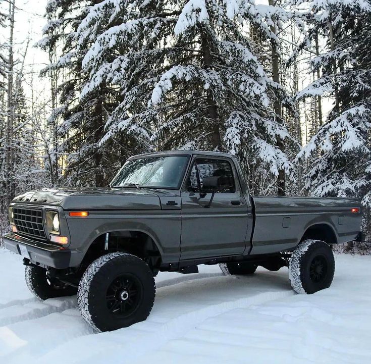 a truck is parked in the snow by some trees