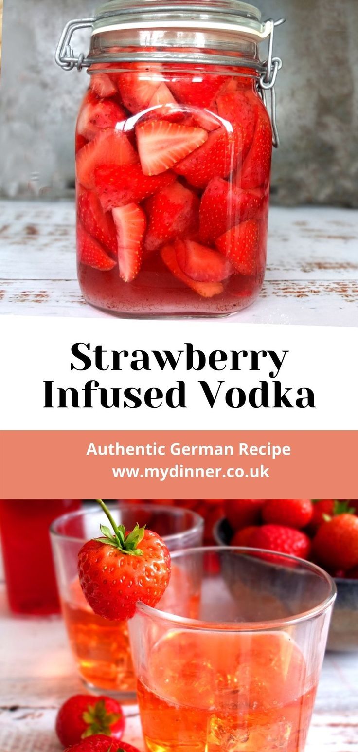 strawberry infused vodka in a glass jar with strawberries on the side and an image of two