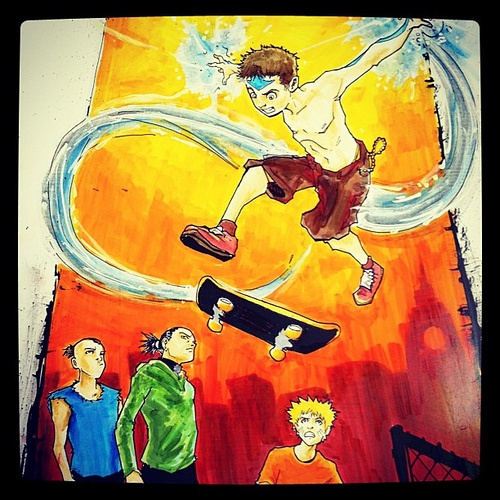 a drawing of a boy on a skateboard in the air with other boys around him