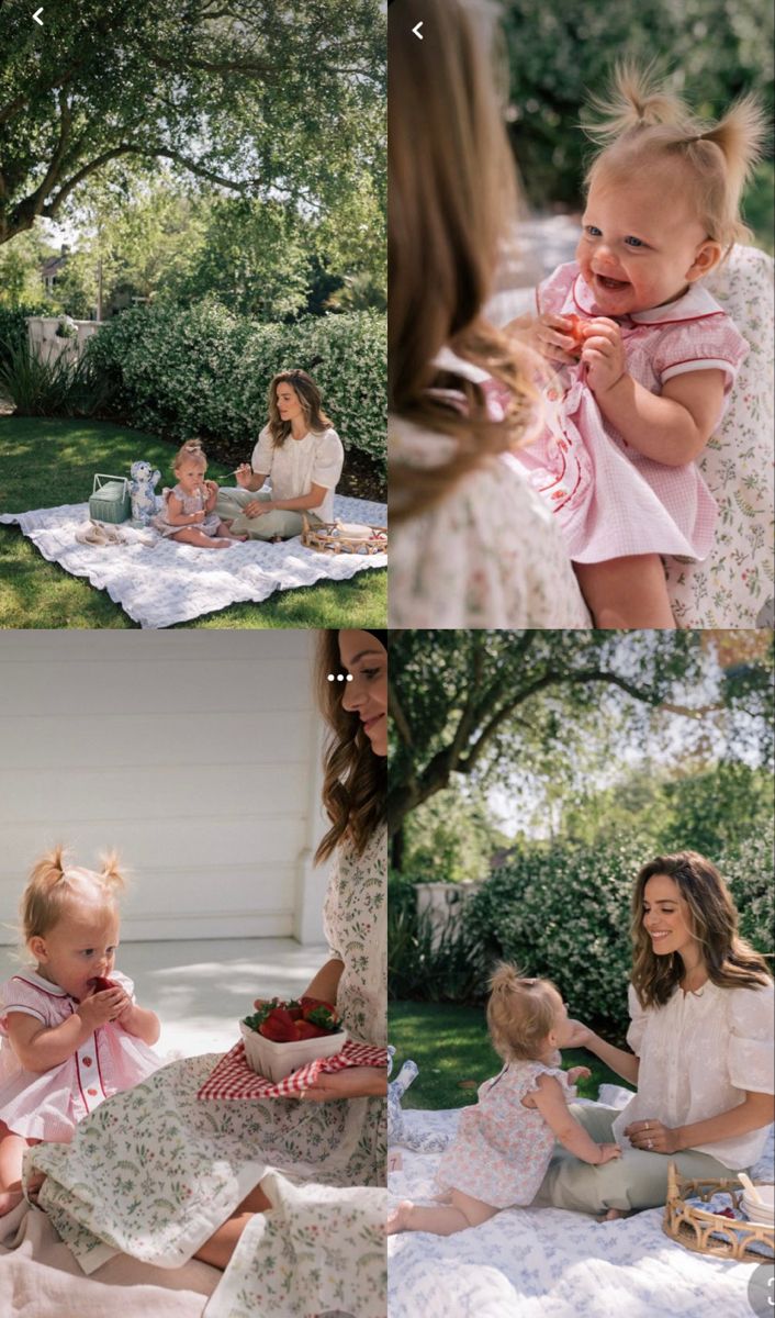 a collage of photos with two women and one baby