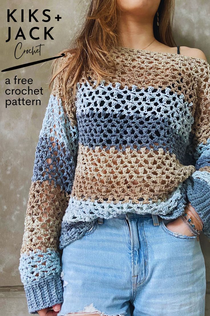 Girl wearing crochet mesh net sweater made from free pattern. Crochet Cotton Jumper Pattern, Crochet Summer Jumper Free Pattern, Crochet Mesh Sweaters, Easy Crochet Womens Sweater Pattern Free, Crochet Off Shoulder Sweater Pattern Free, Crochet Ladies Sweater Pattern Free, Crochet Spring Sweater Pattern Free, Crochet Cotton Cardigan Pattern Free, Free Crochet Oversized Sweater Patterns