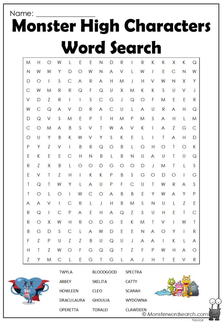 the monster high characters word search is shown in this printable worksheet for kids