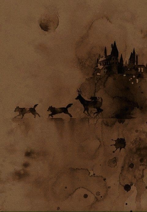 two dogs are running in front of a castle with a full moon behind them on a brown background