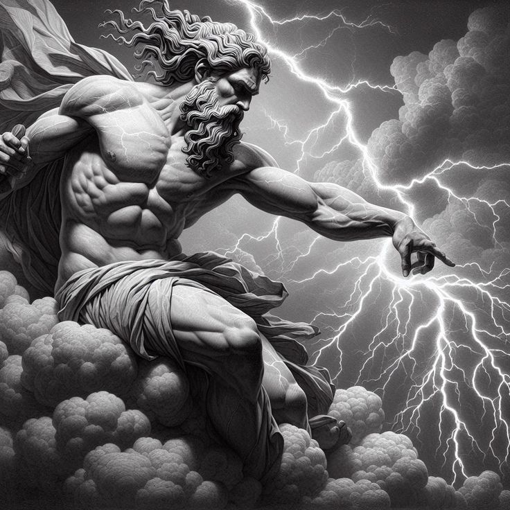 a man standing on top of a cloud next to a lightning filled sky with clouds