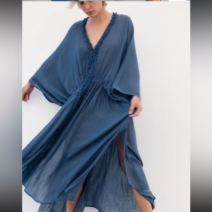 Soo Cute And Flowy And Roomy! So Easy To Toss On. Perfect For A Beach Vacation Or The Pool Blue Breezy Flowy Cover-up, Blue Flowy Breezy Cover-up, Indigo V-neck Summer Dress, Breezy Blue Maxi Dress For Brunch, Flowy Blue Maxi Beach Dress, V-neck Kaftan Dress For Beach, Flowy V-neck Cover-up For Brunch, Blue Breezy Maxi Beach Dress, Breezy V-neck Dress For Beach Cover-up