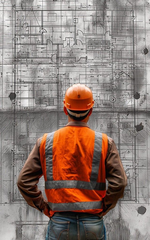 a man in an orange safety vest and hard hat standing next to a wall with drawings on it