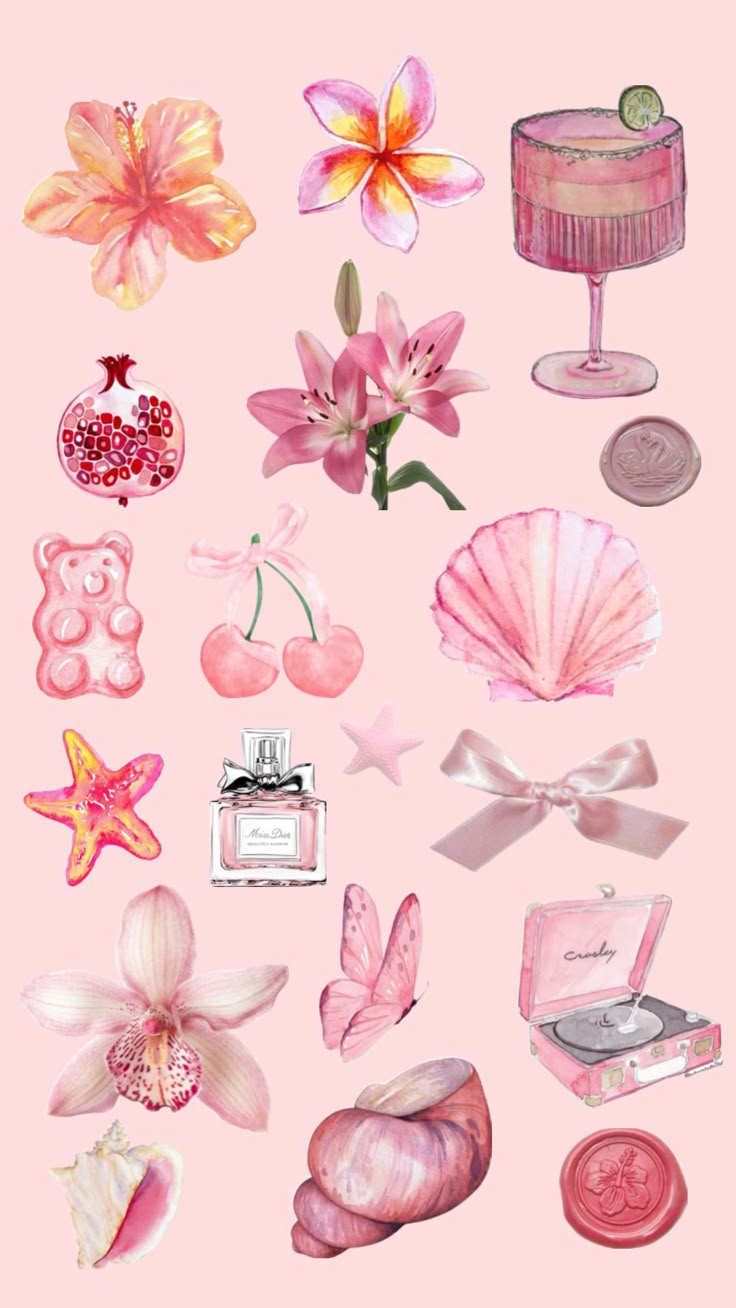 a pink background with many different items on it