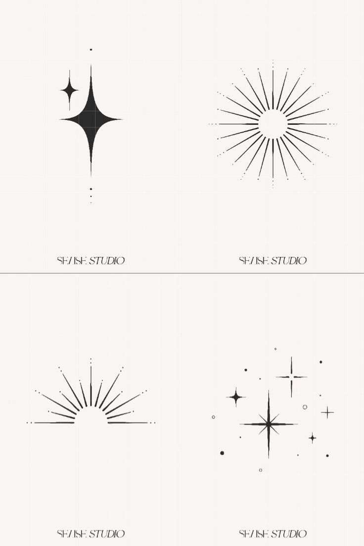 Minimalistic Celestial Graphics Celestial Elements Illustration, Reign Tattoo Ideas, Sun Sparkle Tattoo, Anime Sparkle Tattoo, Celestial Minimalist Tattoo, Sparkle Logo Design Ideas, Celestial Branding Design, Star Vector Design, Graphic Star Design