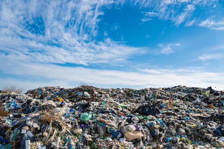 a large pile of trash sitting on top of a grass covered field under a blue sky