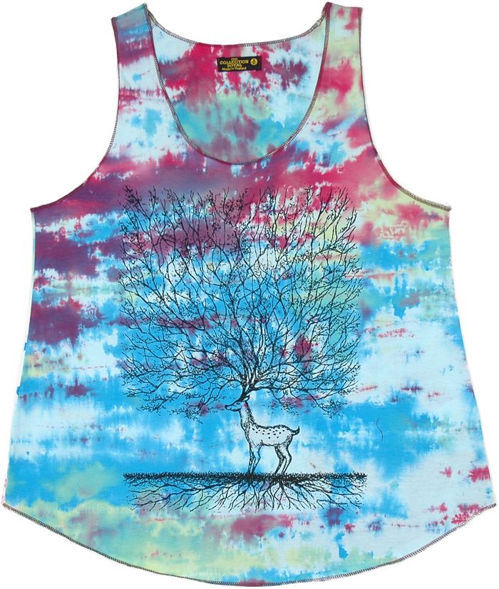 Summer can be led in the most fun way with this vibrant and cheerful tank top.  With a tie-dye style backdrop of blue, red, and lime; it serves as the perfect canvas for a silhouette of a tree - the tree of life, symbolizing connecting all forms of creation. #tlb #Sleeveless #Yoga #vacationclothing #beachwrap #TieDye #TreeofLifeShirt Casual Printed Festival Tank Top, Casual Printed Tank Top For Festivals, Hippie Multicolor Tank Top For Festival, Acid Wash Casual Tank Top For Festivals, Casual Acid Wash Tank Top For Festivals, Summer Multicolor Graphic Print Tank Top, Multicolor Graphic Print Tank Top For Summer, Hand Dyed Multicolor Sleeveless Tops, Fun Blue Tank Top For Summer