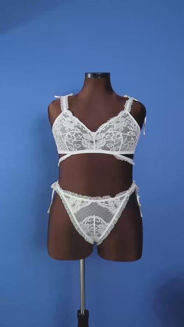 Say "I do" to this bralette designed with ultra-feminine details including ruffle micro-dot mesh straps, functional satin bows and iridescent lace. White Lace Bra With Adjustable Straps, Party Lace Bra With Removable Pads, Party Bra With Lace And Spaghetti Straps, Party Lace Bra With Delicate Straps, Party Bra With Lace Closure, Party Mesh Bra With Removable Pads, Party Bra With Removable Pads In Mesh, Lace String Bra With Lace Closure, Lace Bra With Adjustable Straps For Wedding