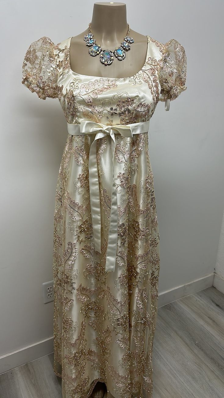 Regency Era/bridgeton Inspired Ball Dress/costume - Etsy Gold Regency Dress, Regency Prom Dress, Elegant Gown For Debutante Ball During Prom Season, Elegant Ball Gown With Fitted Bodice For Banquet, Gold Satin Dress For Banquet, Cream Lace Banquet Dresses, Cream Party Gown With Fitted Bodice, Gold Satin Dress For Banquets, Cream Lace Dress For Banquet