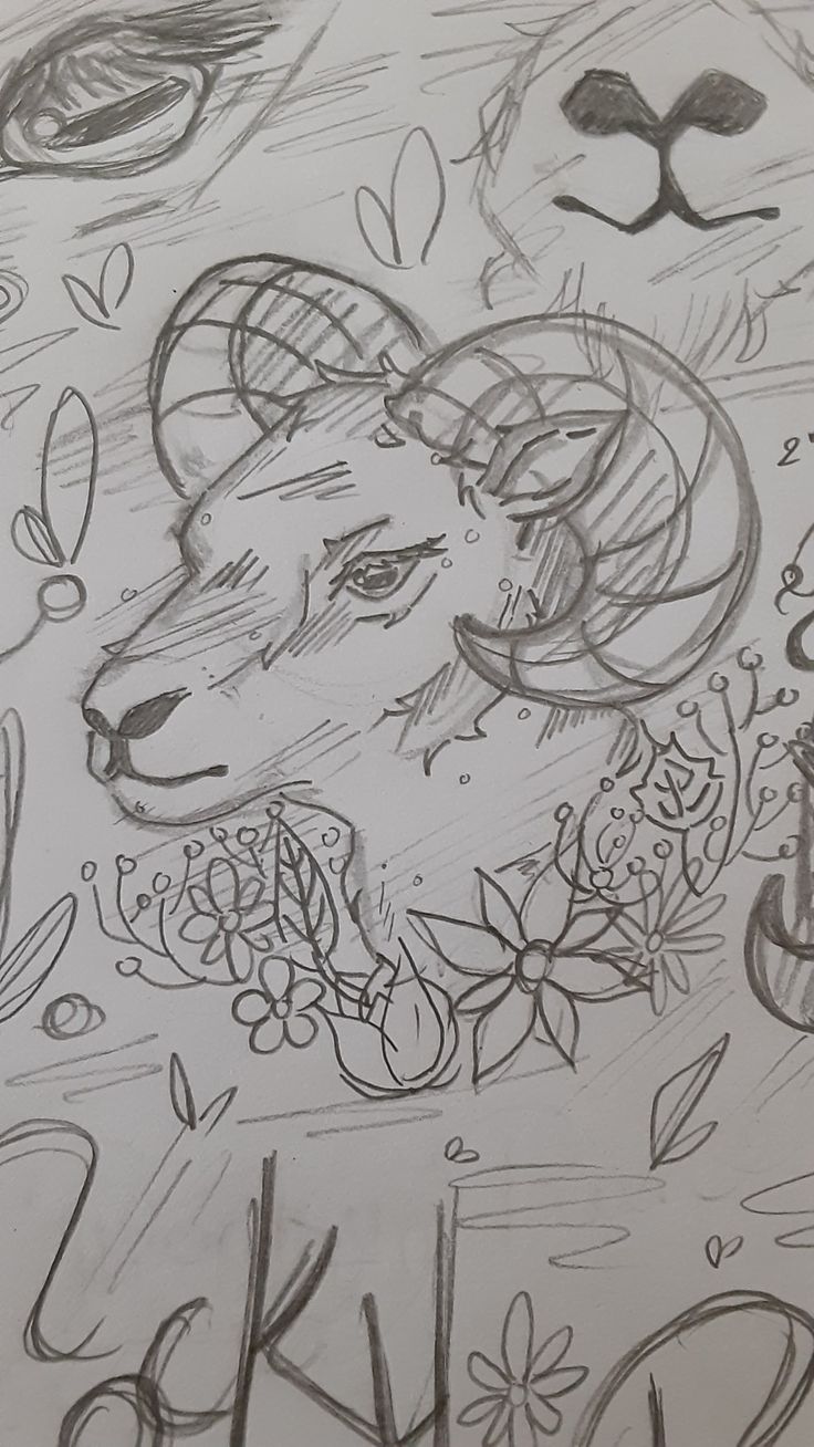 a drawing of a goat with flowers and leaves on it's head, surrounded by other animals