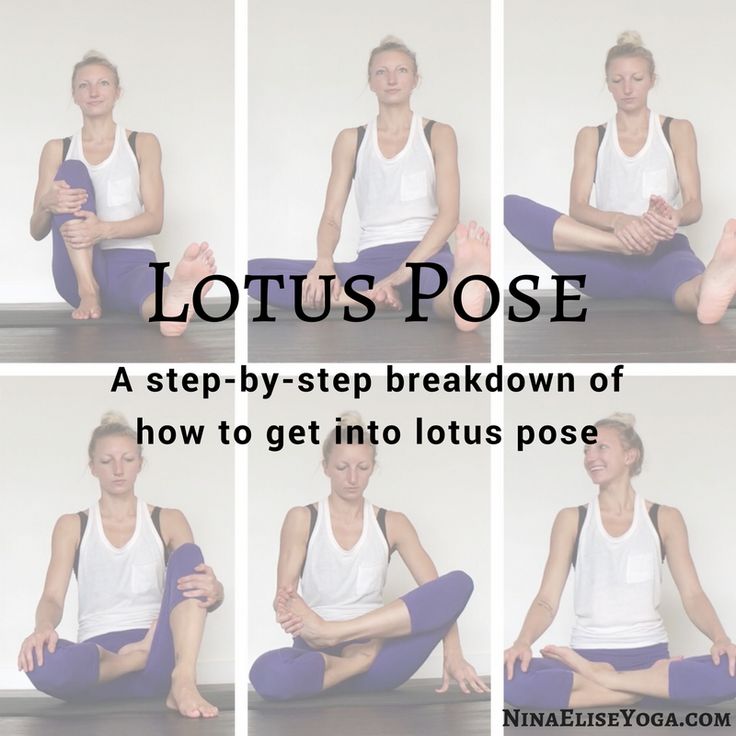 a woman is sitting on the floor with her legs crossed in yoga poses, and there are four pictures of how to get into lotus pose