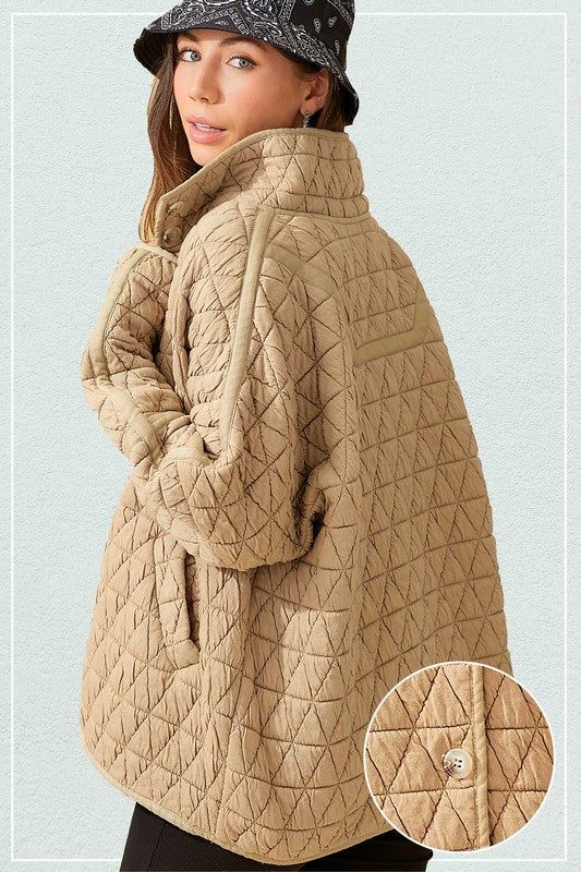 Comfy and stylish looking soft quilted jacket. Slouchy and oversized fit that's perfect for layering.J-11-12Size Info: True to SizeProduct MeasurementSLEEVE LENGTH: S: 14 1/2 inM: 15 inL: 15.5 inSHOULDER: S: 21 inM: 22 inL: 23 in Style: Casual Print / Pattern: Solid Silhouette: Jacket Fit: Oversized Embellishment: Quilted Neck Line: Collar Sleeve: Long Sleeve Length: Up to 28" Closure: Button Lining: No Made In: CHINAFabric Contents: 95% Poly + 5% Span Non-stretch fabric Non-sheer fabric Size Me Quilted Jacket Street Style, Fall Winter Jacket, Cozy Jacket, Collared Coat, Oversized Jacket, Sheer Fabrics, Quilted Jacket, Birdy, Look Chic