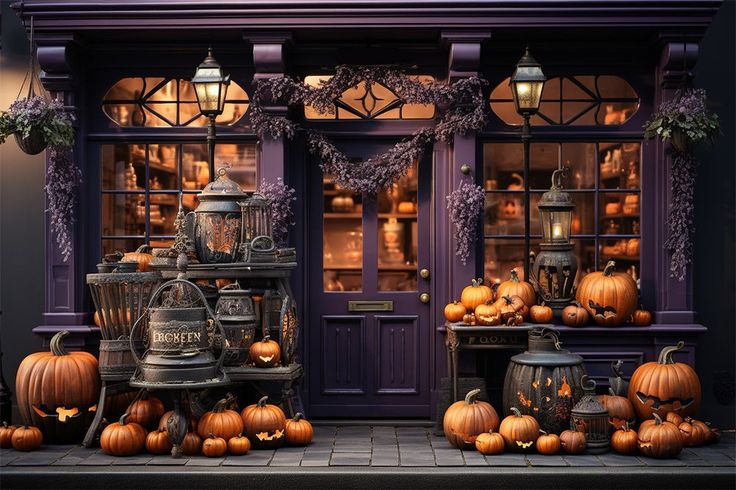 pumpkins and lanterns are on display in front of a store