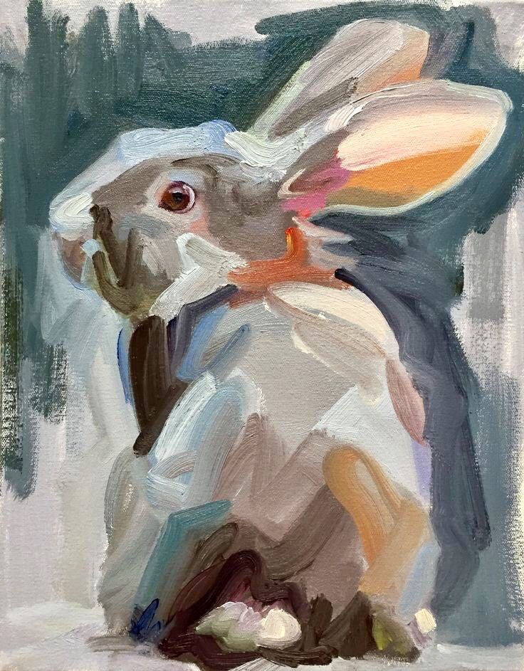 a painting of a rabbit sitting on the ground with its head turned to the side