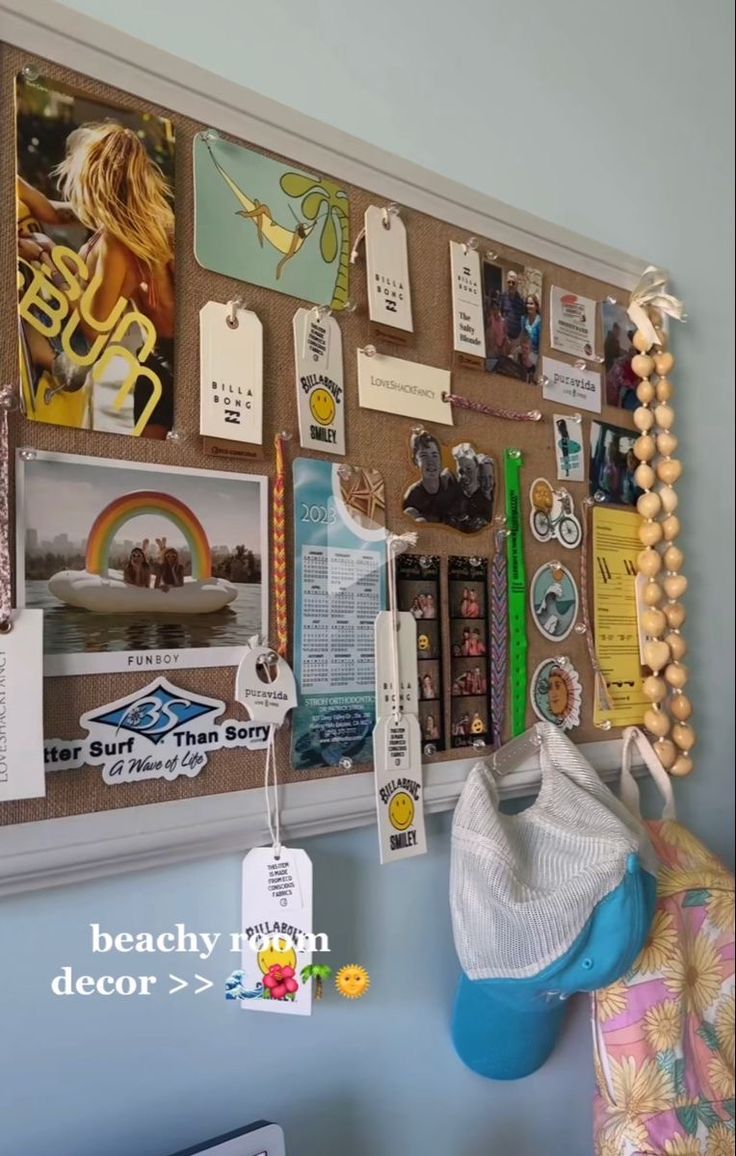 a bulletin board covered in pictures and magnets next to a wall hanging on the wall