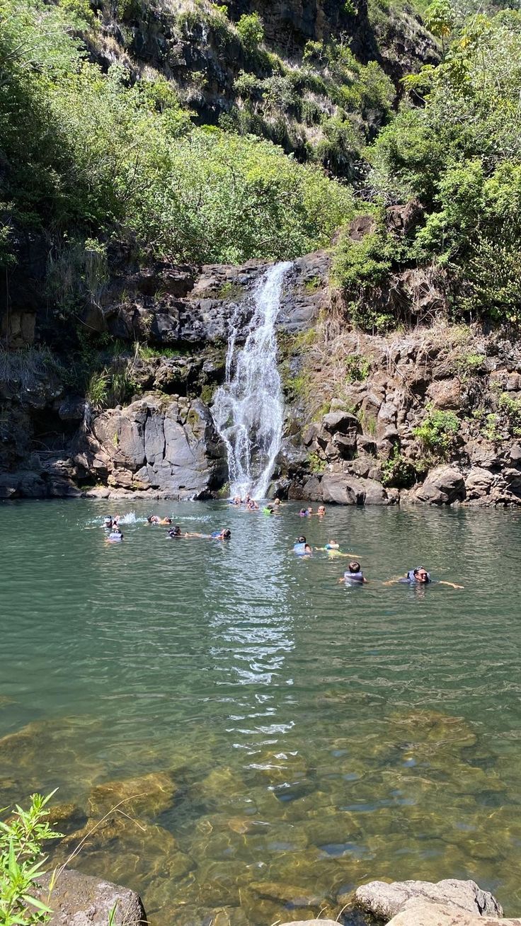 people swimming in the water near a waterfall