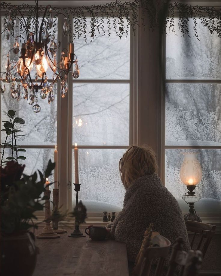 a woman sitting at a table looking out the window