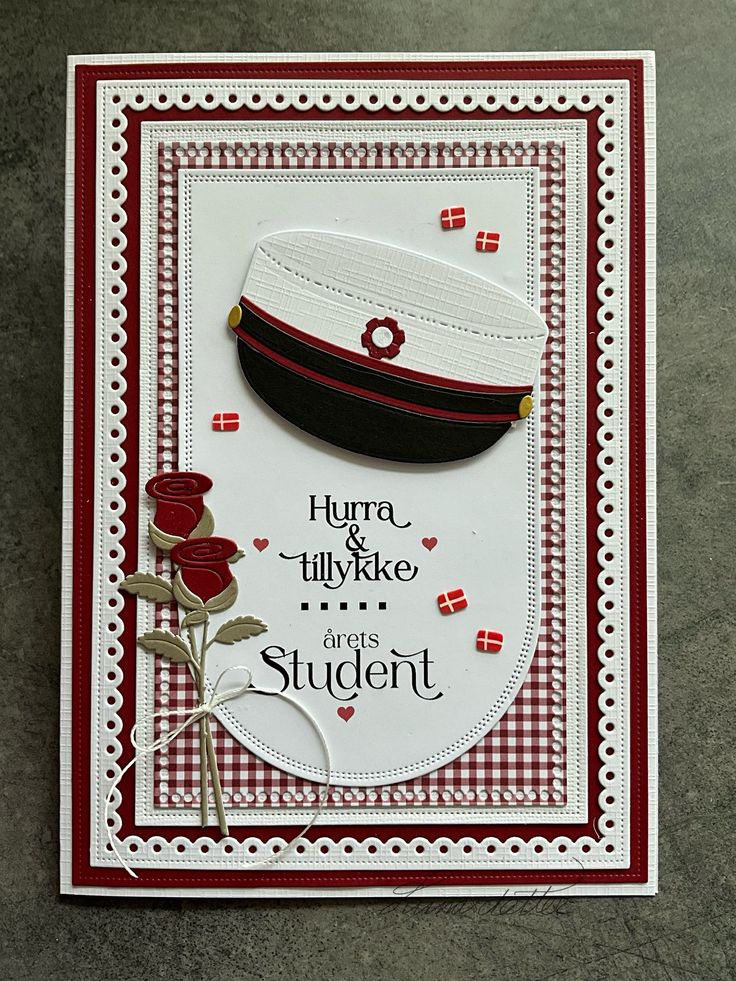 a handmade card with a hat and flowers on the front that says, hurra fill - ikee arts student