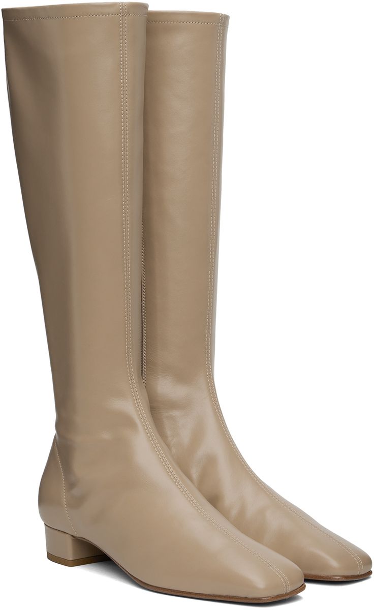 Knee-high grained leather boots in taupe. · Square toe · Zip closure at inner side · Covered block heel with rubber injection · Leather sole · Heel: H1 Supplier color: Taupe Tall Boots, Knee High, Leather Boots, Block Heels, Boots, Heels, Leather