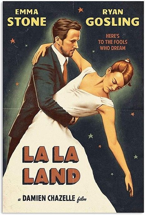 an old movie poster for la la land with a man in a suit and woman in a white dress