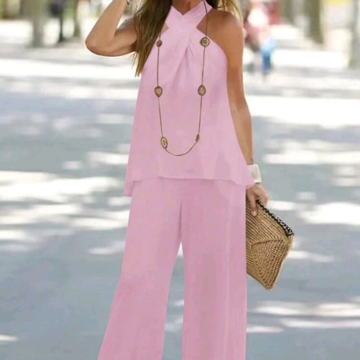 Baby Pinksleeveless Halter Top & Wide Leg Pants Set Woven Fabric 100% Polyester Chic Pink Sleeveless Set, Casual Sleeveless Set For Day Out, Elegant Sleeveless Set For Day Out, Pink Summer Pant Set For Party, Chic Pink Pant Set For Spring, Sleeveless Sets For Spring Day Out, Sleeveless Sets For Day Out In Spring, Sleeveless Sets For A Spring Day Out, Sleeveless Pant Set For Spring Party