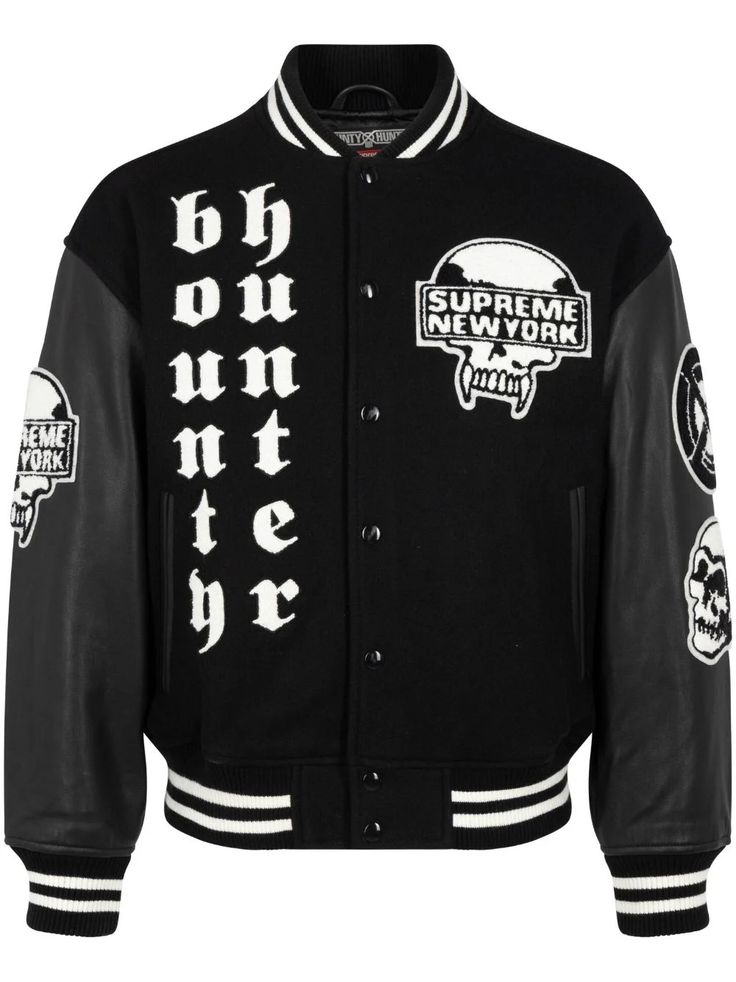 Supreme Bounty Hunter "Black" varsity jacket Supreme offers a collegiate-inspired outerwear design with this varsity jacket. It's crafted from wool with contrasting leather sleeves and is decorated with black and white patches. Striped trims complete the look. Composition Wool 100% Outer: Leather 100% Long Sleeve Varsity Jacket With Logo For Streetwear, Designer College Varsity Jacket With Ribbed Cuffs, Designer Varsity Jacket With Ribbed Cuffs For College, Designer Long Sleeve Varsity Jacket For College, Varsity Long Sleeve Outerwear With Logo Patch, Collegiate Varsity Jacket With Logo Patch For Fall, Fall Outerwear With Logo Patch And Baseball Collar, Black Varsity Jacket With Logo Patch For Winter, Designer Winter Varsity Jacket For College