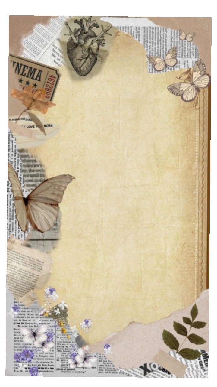 an old paper with butterflies, flowers and newspaper clippings on it's edges