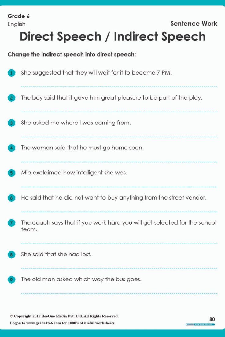 the worksheet for direct speech and indirect speech are shown in blue, with two lines