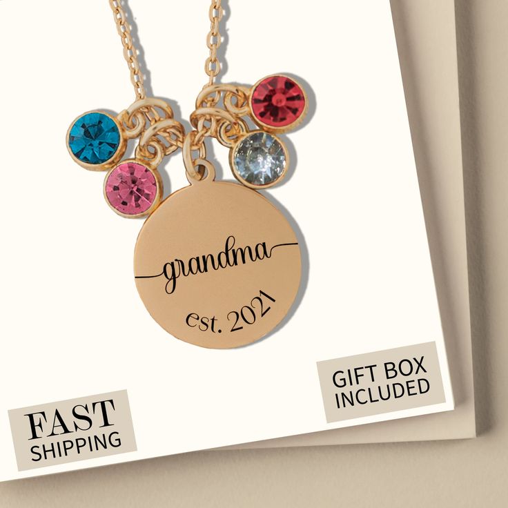 Celebrate your wonderful grandma with this elegant necklace featuring her special name and up to 10 sparkling birthstones, each representing a cherished grandchild's birthday. ♥HOW TO ORDER♥ ♡ Select finish and length. ♡ Select Number of Birthstones you'd like ♡ Enter the months for the birthstones and grandma's established date into the personalization box. ♥GIFT FEATURES♥ ♡ Material: High-Quality Stainless Steel Base Metal (Durable, Strong, will not Tarnish). ♡ Finish Options: 18K Gold Plated Grandma Necklace Birthstone, Grandmother Jewelry, Gift For Grandmother, Grandma Necklace, Personalized Grandma Gifts, Personalized Grandma, Spokane Wa, Grandma Gift, Elegant Necklace