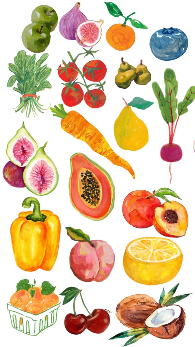 an illustration of various fruits and vegetables on a white background