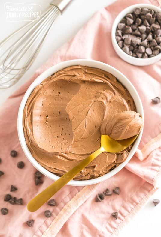 a white bowl filled with chocolate frosting next to two bowls of chocolate chips