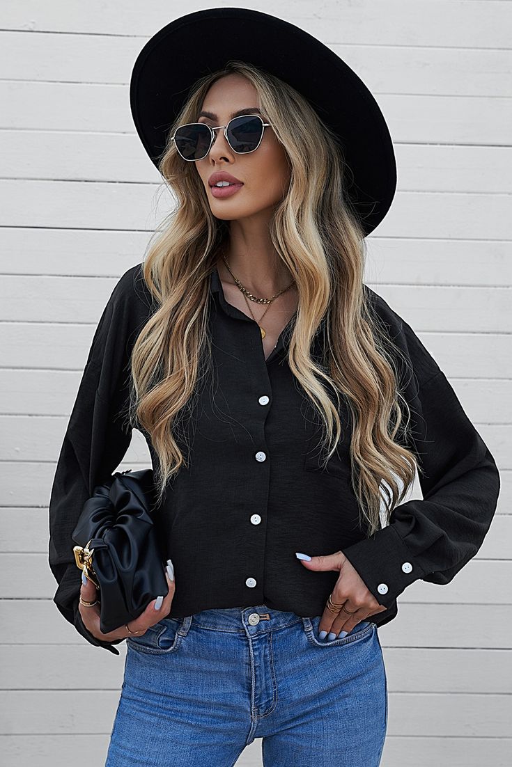 Black Oversized Boyfriend Button Shirt Oversized Black Tops With Buttons, Casual Black Top With Button Cuffs, Oversized Black Top With Buttons, Oversized Black Button-up Shirt, Black Button-up Casual Top, Casual Black Collared Blouse, Black Collared Shirt For Day Out, Casual Black Blouse With Button Closure, Black Button-up Tops For Fall