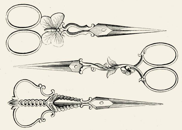 three pairs of scissors with floral designs on the handles and sides, vintage line drawing or engraving