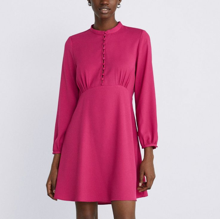 A-Line Dress With High Neck And Long Sleeve, Gathered Seam And Dainty Covered Buttons, Shoulder To Bottom34"L. Really Pretty Rose Color, New With Tag Feminine Fall Mini Dress By Zara, Pink Mini Dress For Daywear In Fall, Feminine Zara Mini Dress For Fall, Zara Feminine Mini Dress For Fall, Feminine Zara Dresses For Fall, Feminine Long Sleeve Viscose Dress, Feminine Fall Viscose Dresses, Feminine Long Sleeve Dresses By Zara, Long Sleeve Viscose Mini Dress For Daywear