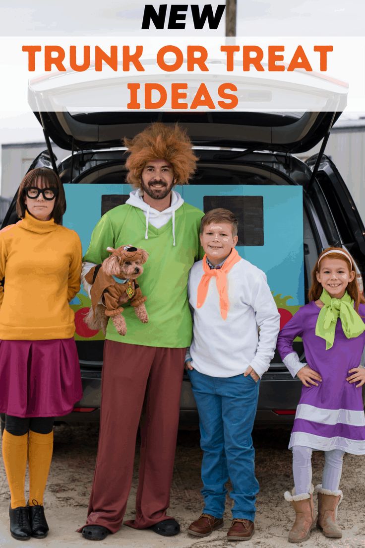 three children and an adult are standing in front of a trunk or treat car with the words, new trunk or treat ideas