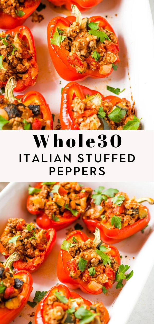 several stuffed red peppers in a white dish with the title above it that reads wholeco italian stuffed peppers