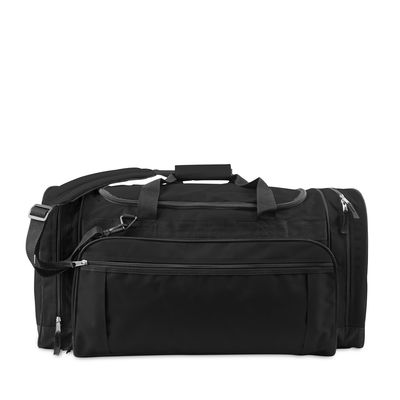 600 DENIER POLYESTER; Trim and lining on bottom is 600D, sides and top not lined but PU coated; Multi-pocket duffle; U-shaped opening in main compartment; 2 large side pockets with zipped down feature for easy packing and access; Adjustable, detachable padded shoulder strap; Large gusset front pocket with inside pockets; Black contrasting polyester webbing; Quick close handle; 27 W x 13 H x 14 D; Non-branded label/tag Black Nylon Duffle Bag With Luggage Sleeve, Black Multifunctional Nylon Travel Bag, Multifunctional Black Nylon Travel Bag, Black Nylon Duffle Bag For Everyday Use, Black Practical Travel Bag With Functional Pockets, Black Gym Bag With Luggage Sleeve, Practical Black Travel Bag With Functional Pockets, Black Duffle Bag With Luggage Sleeve For Gym, Black Bags With Functional Pockets For Overnight Trips