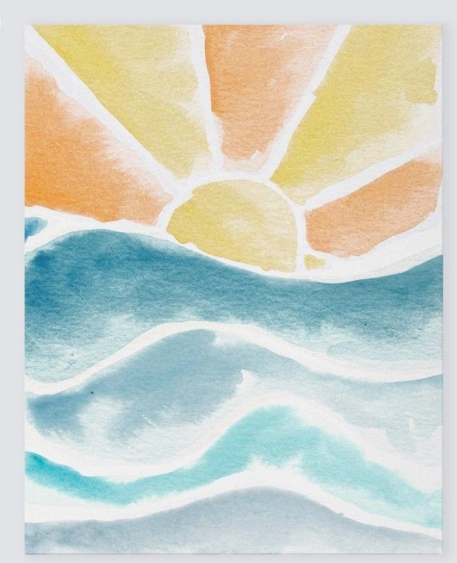 a watercolor painting of the sun and ocean waves