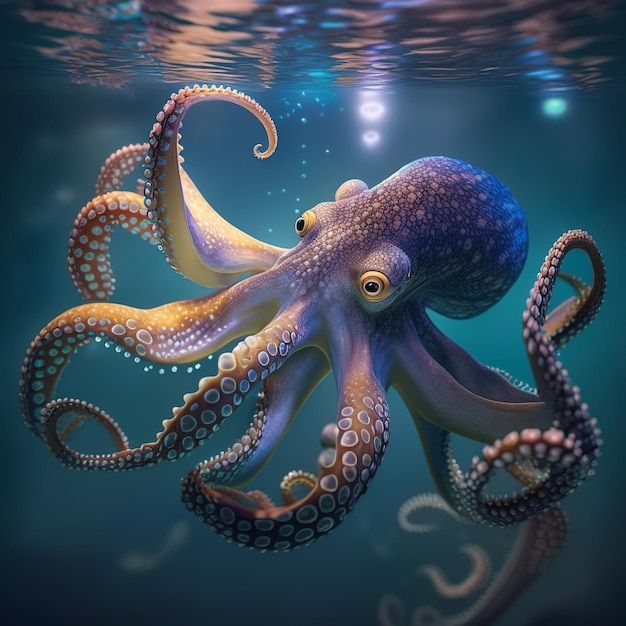 an octopus is swimming in the ocean with its tentacles stretched out and eyes wide open