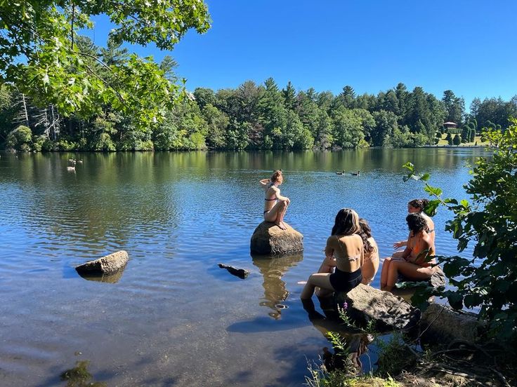 three people are sitting on rocks in the water near some trees and other things around them