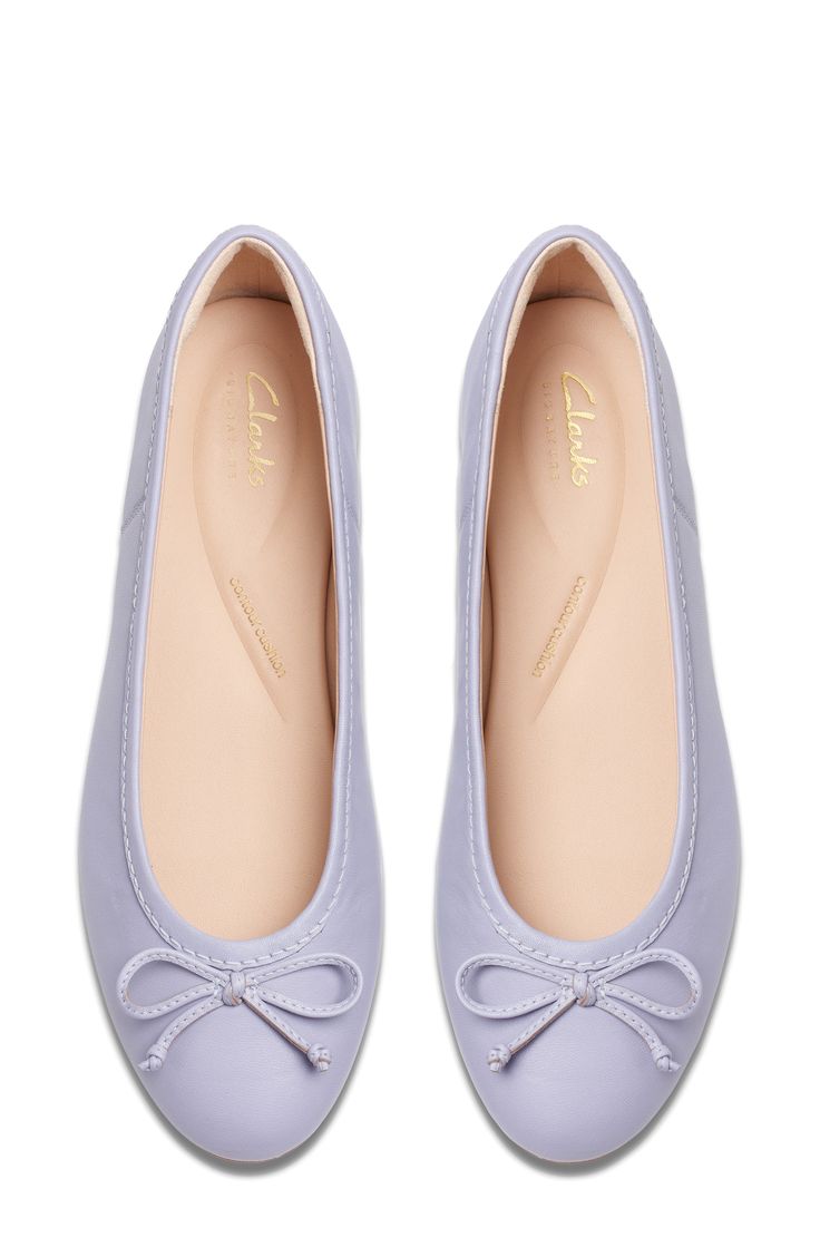 A delicate vamp bow and rich leather distinguish a timeless ballet flat grounded by a cushioned footbed for lasting comfort. Cushioned footbed Leather upper and lining/rubber sole Imported Lavender Ballet Flats, Dollette Shoes, Fancy Flat Shoes, Ballet Flats Aesthetic, Purple Ballet Shoes, Purple Ballet Flats, Fun Flats, Purple Flats, Dr Shoes